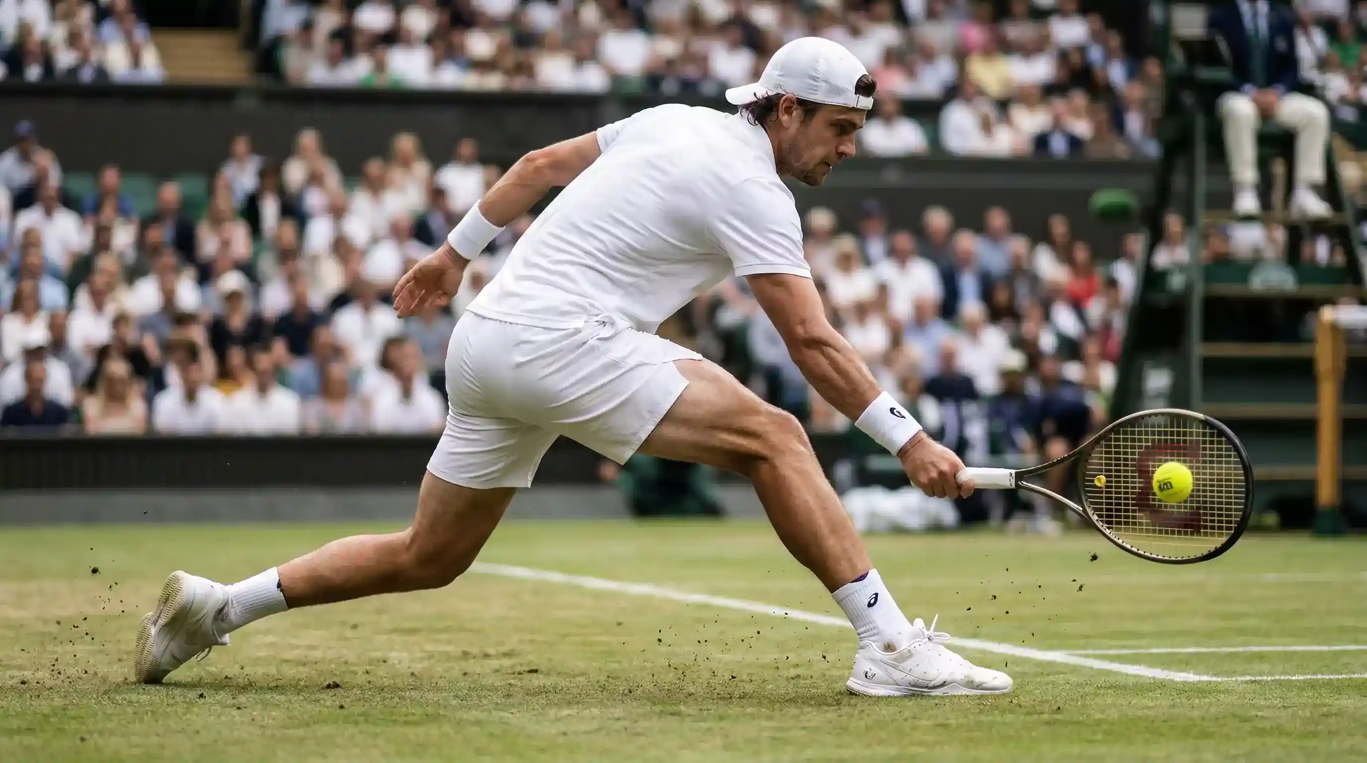 Tennisspelare servar på gräsbana under Grand Slam-turnering